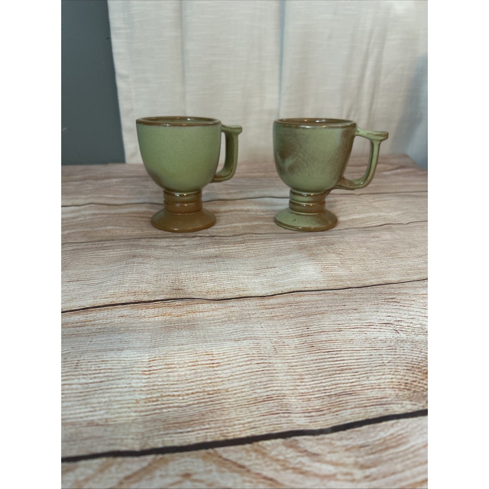 Vintage Frankoma Pottery Coffee Mug C13‎ Plainsman Prairie Green Footed Cup Set